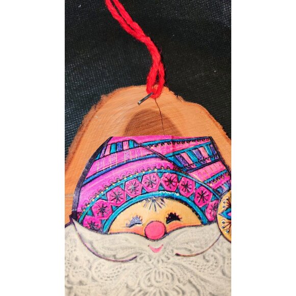 Decorative Santa Claus Wood Slice Ornament With Hand-Painted Design  Red Yarn Ha - Picture 5 of 10